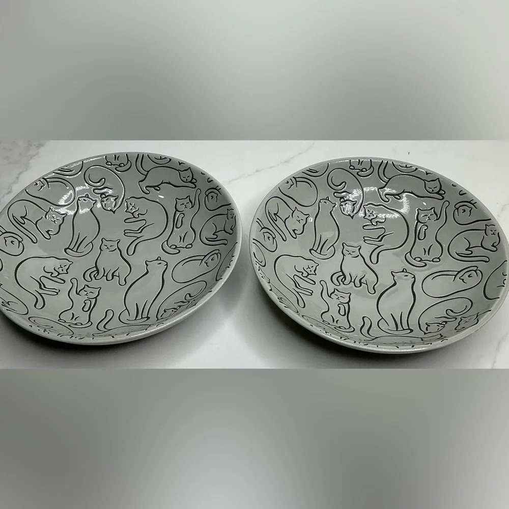 2 Signature Cat Pet Bowl Plate Food Dish Plate Adorable Gray 6” New